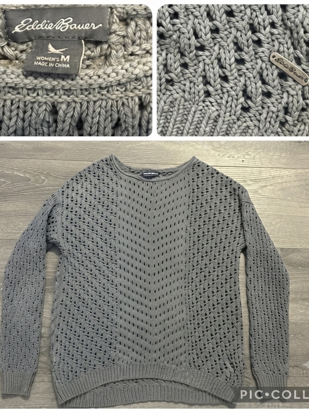 Eddie Bauer Open Knit Pointelle Chevron Sweater Grey Medium